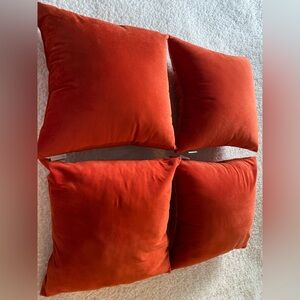 Set of Four Orange Velvet Throw Pillows